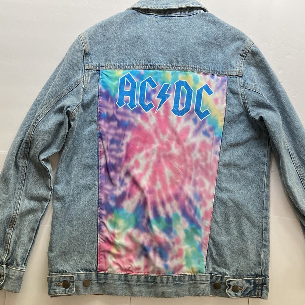 AC/DC Denim Jean Jacket Tie‑Dye Back Patch | Licensed Band Jacket Size S Small
